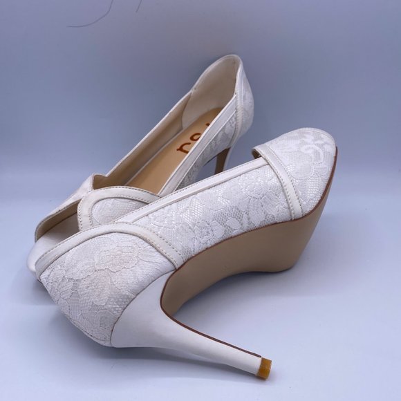FSJ White Peep Toe Stilettos Heels Lace Wedding - Picture 4 of 9